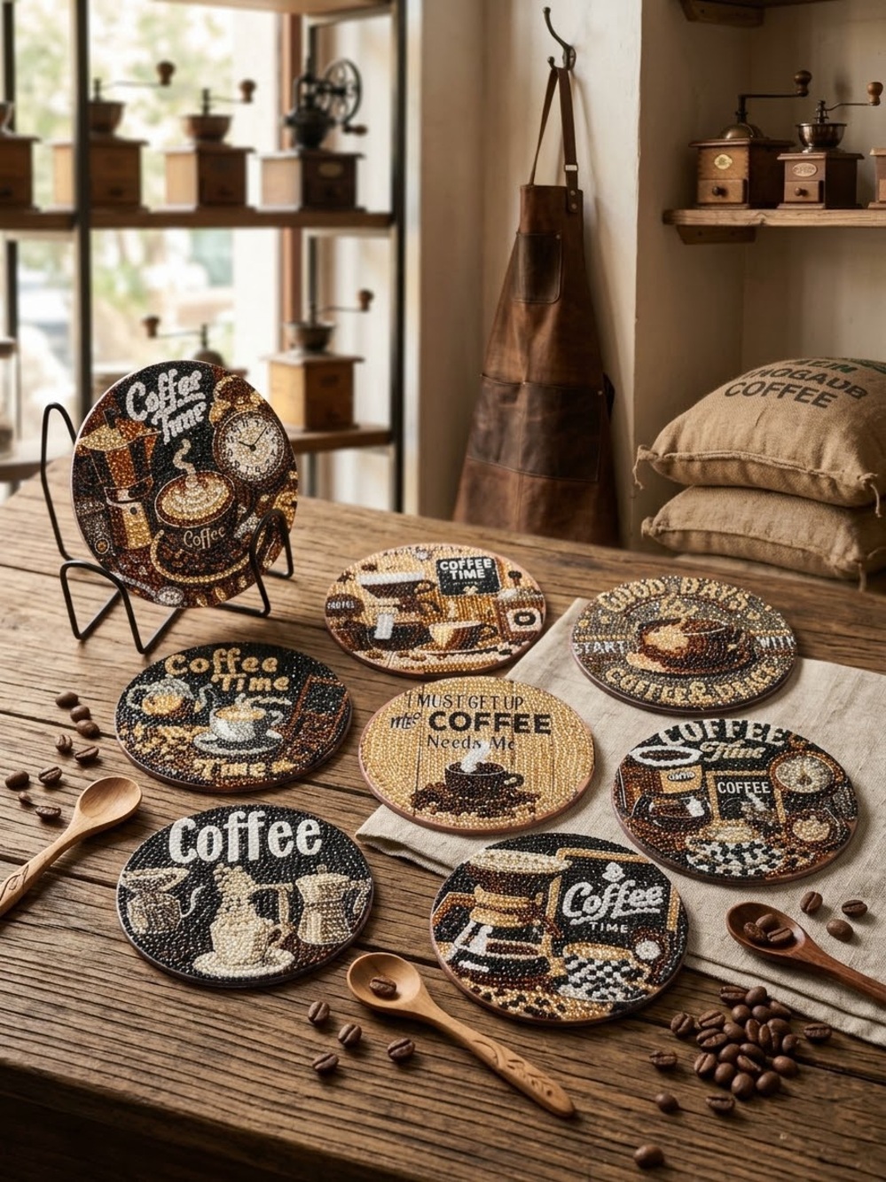 Handmade..!! Coffee Time Round Coasters - Brown/Beige Decorative Set